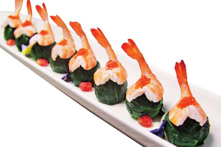 辣汁鱼子配鲜虾菠菜球